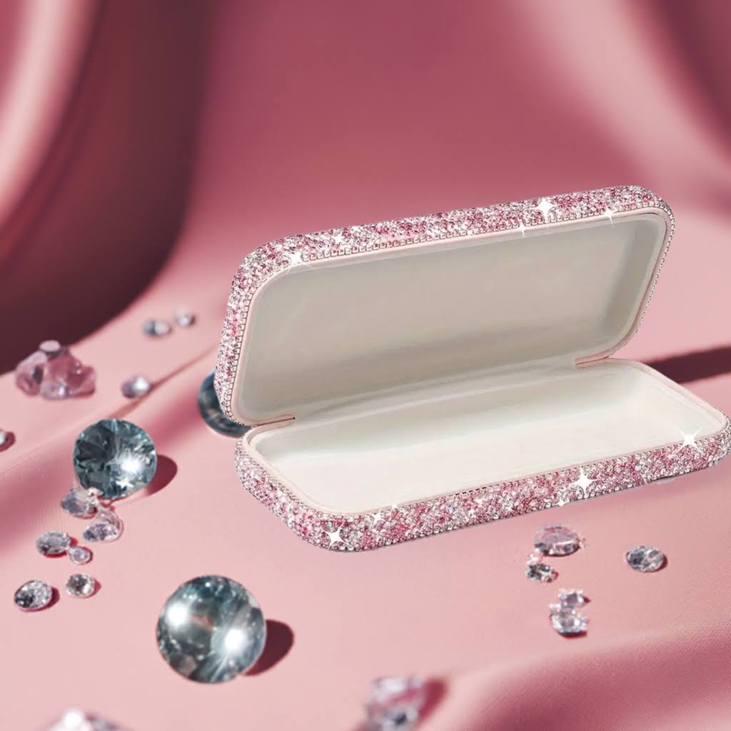 Diamond sparkle hinged eyeglass case.