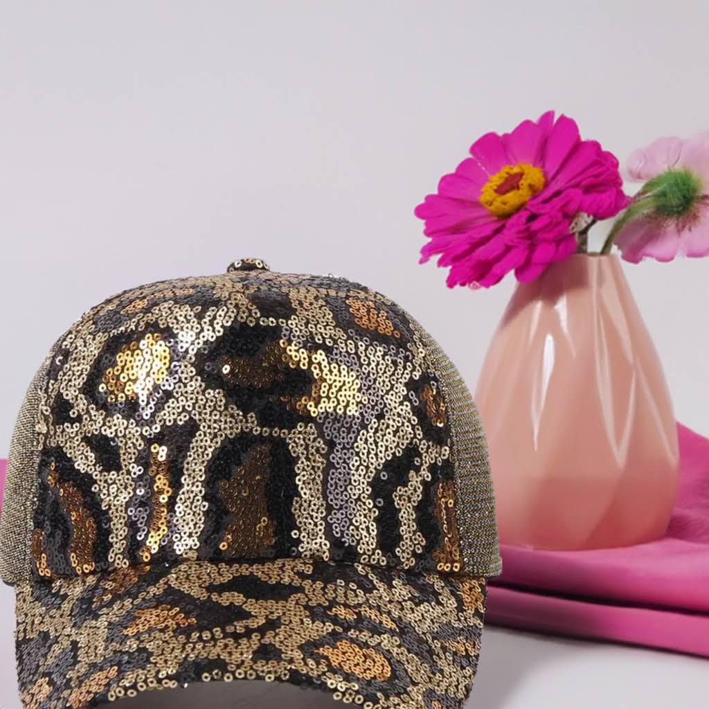 Sequin animal print ball cap.