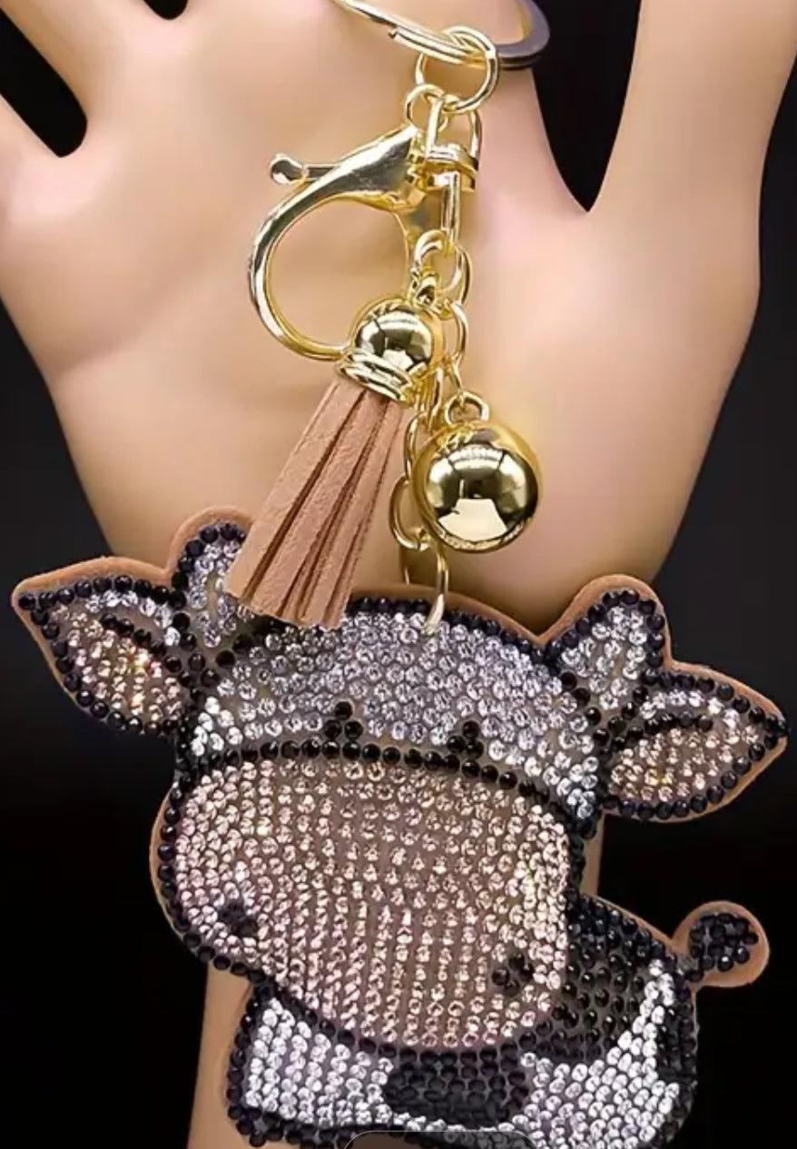 Rhinestone Cow Keychain with Tassel!