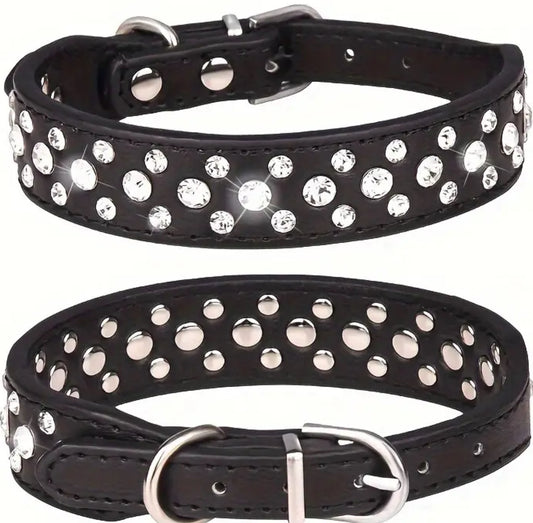 Dazzling Rhinestone Embellished Adjustable PU Leather Dog Collar!