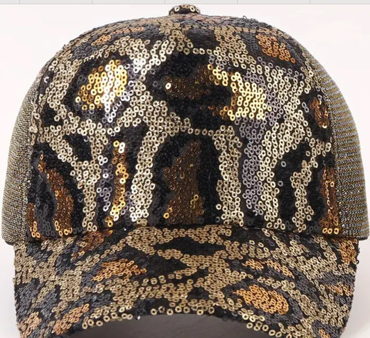 Sequin animal print ball cap.
